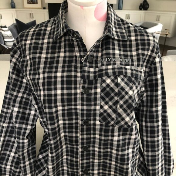 Helly Hansen Casual Cozy Snap Down Cotton Plaid Shirt Black Grey White Sz S - Picture 5 of 12